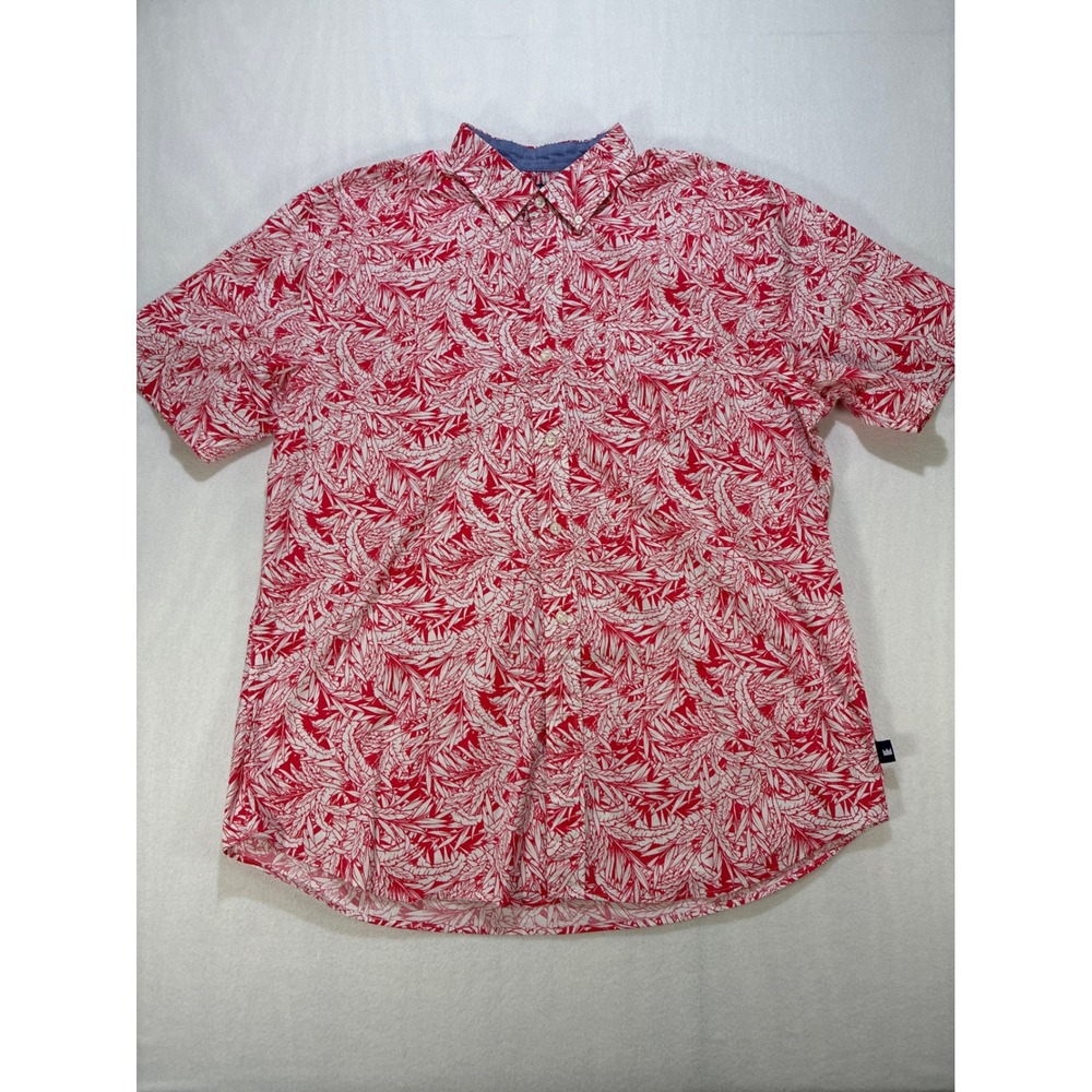Crown & Ivy Classic Fit Tropical Leaf Shirt Mens Large Red White Short Sleeve